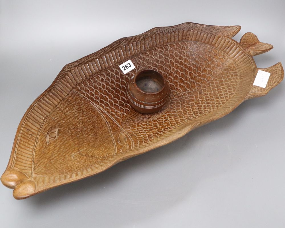 An African carved wooden fish shaped dish and a treen bowl